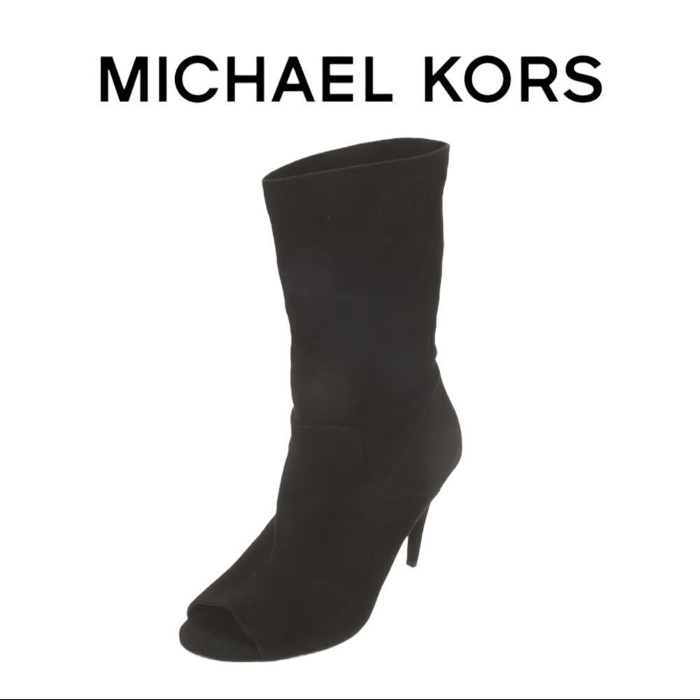 Michael Kors Mid Calf Black Suede Peep Toe Heeled Boots 7.5
